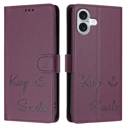 For iPhone 16 Plus Smile Embossing RFID Leather Phone Case(Violet) - iPhone 16 Plus Cases by buy2fix | Online Shopping UK | buy2fix