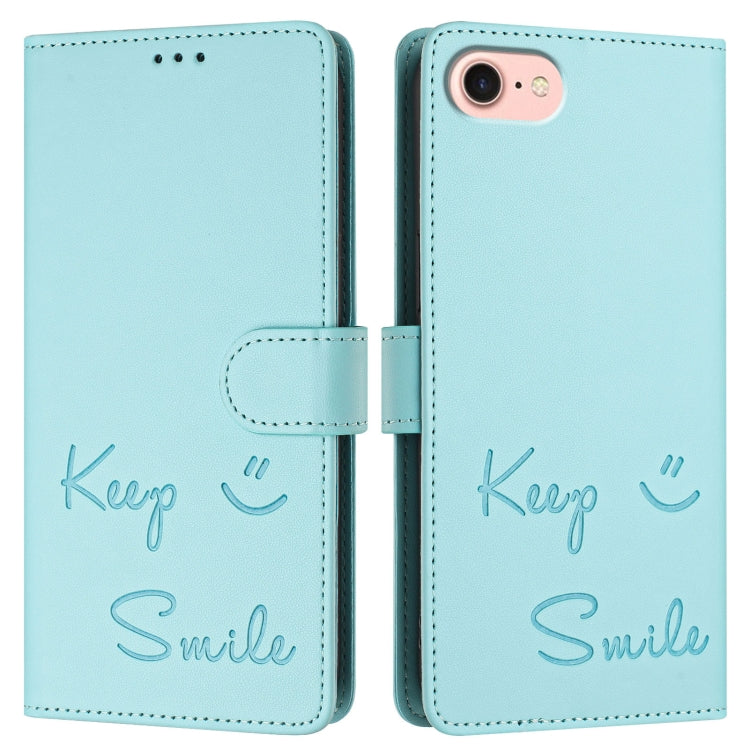 For iPhone SE 2024 Smile Embossing RFID Leather Phone Case(Mint Green) by buy2fix