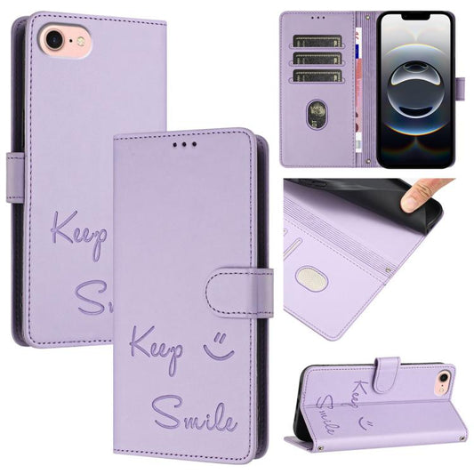 For iPhone SE 2024 Smile Embossing RFID Leather Phone Case(Light Purple) by buy2fix