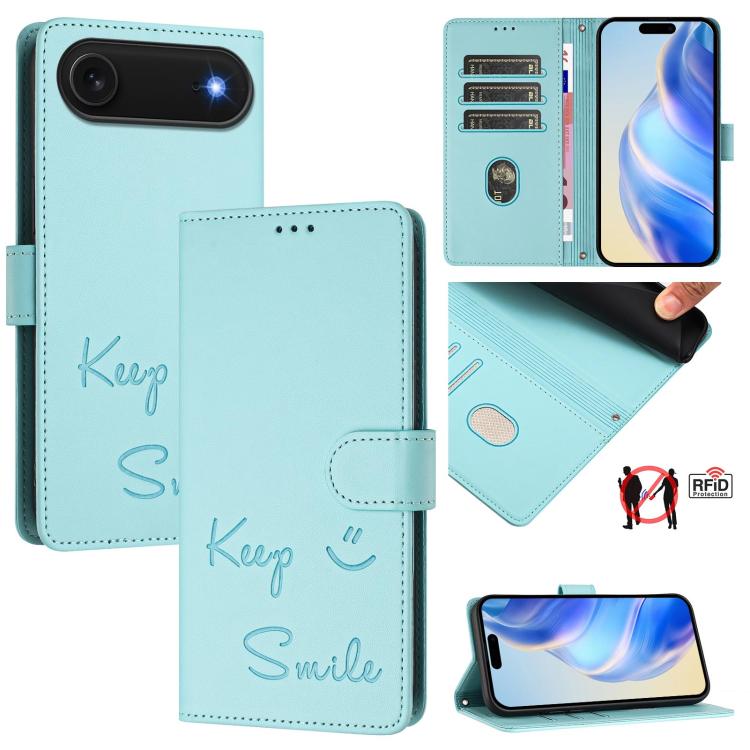 For iPhone Air Smile Embossing RFID Leather Phone Case(Mint Green) - iPhone Air Cases by buy2fix | Online Shopping UK | buy2fix