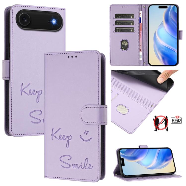 For iPhone Air Smile Embossing RFID Leather Phone Case(Light Purple) - iPhone Air Cases by buy2fix | Online Shopping UK | buy2fix