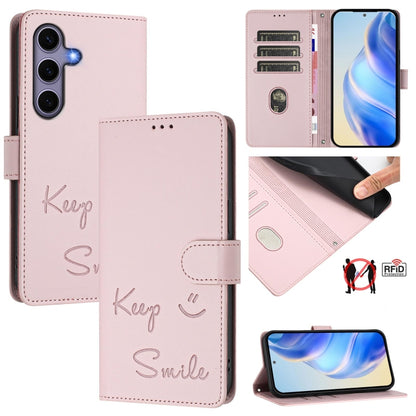 For Samsung Galaxy S25 5G Smile Embossing RFID Leather Phone Case(Pink) by buy2fix