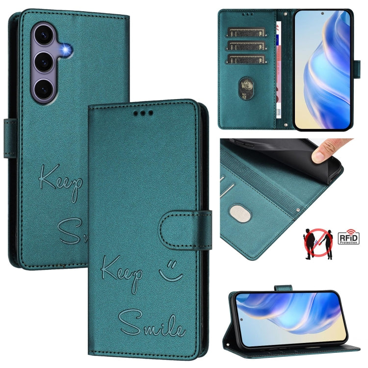 For Samsung Galaxy S25 5G Smile Embossing RFID Leather Phone Case(Peacock Green) by buy2fix
