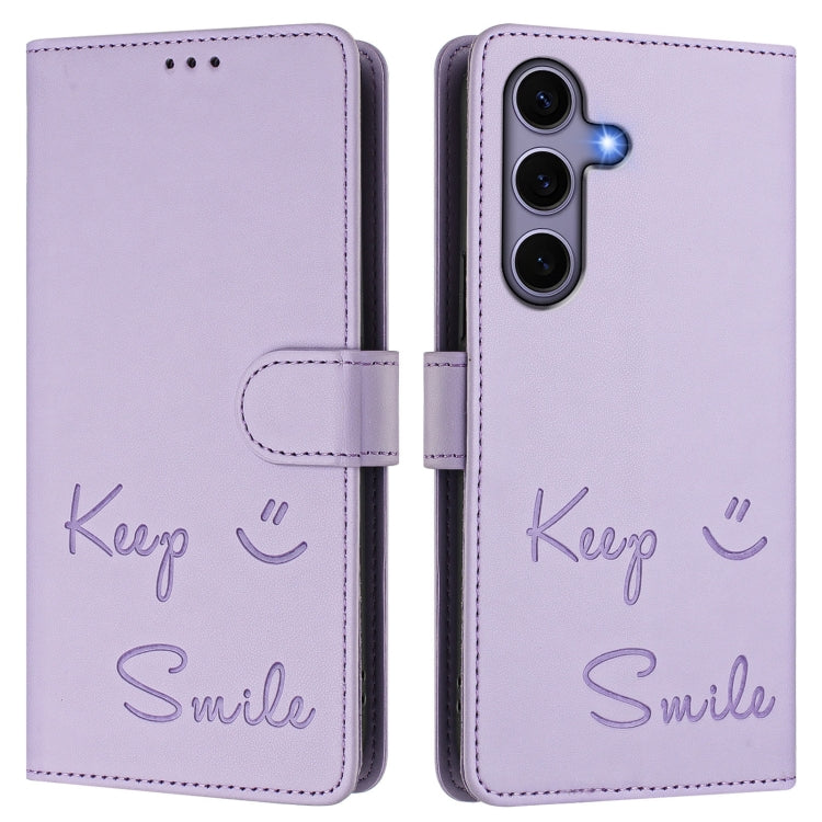 For Samsung Galaxy S25 5G Smile Embossing RFID Leather Phone Case(Light Purple) by buy2fix