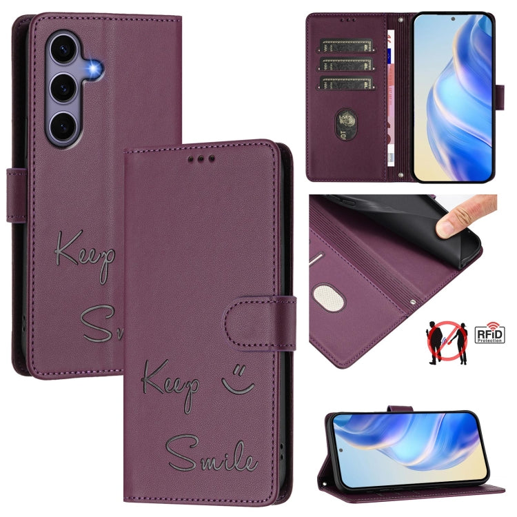 For Samsung Galaxy S25 5G Smile Embossing RFID Leather Phone Case(Violet) by buy2fix