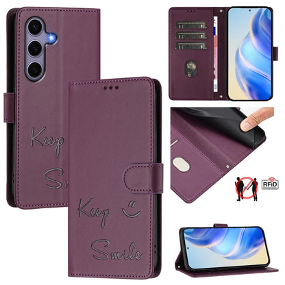 For Samsung Galaxy S25 5G Smile Embossing RFID Leather Phone Case(Violet) by buy2fix