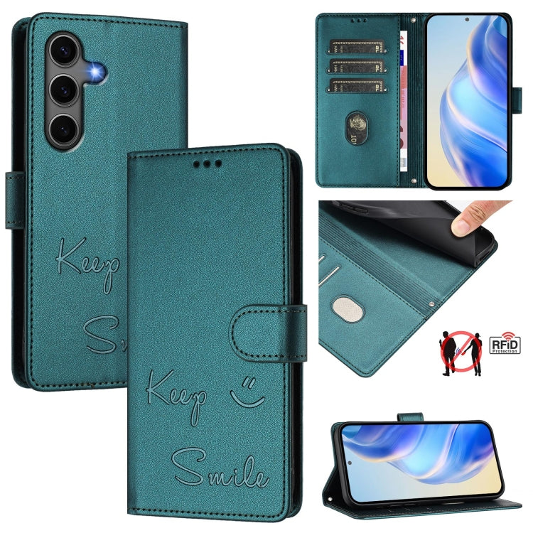 For Samsung Galaxy S25+ 5G Smile Embossing RFID Leather Phone Case(Peacock Green) by buy2fix