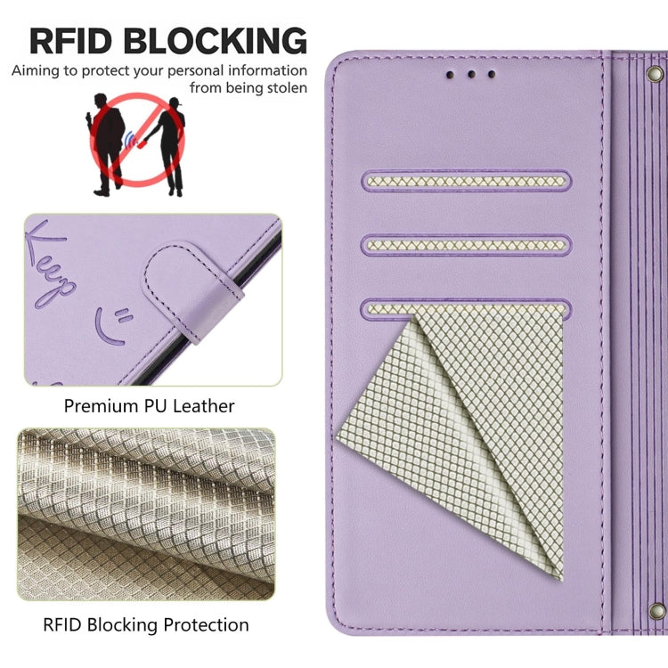 For Samsung Galaxy S25+ 5G Smile Embossing RFID Leather Phone Case(Light Purple) - Galaxy S25+ 5G Cases by buy2fix | Online Shopping UK | buy2fix