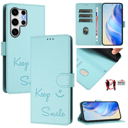 For Samsung Galaxy S25 Ultra 5G Smile Embossing RFID Leather Phone Case(Mint Green) by buy2fix
