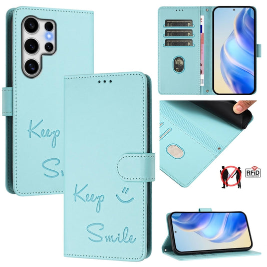 For Samsung Galaxy S25 Ultra 5G Smile Embossing RFID Leather Phone Case(Mint Green) by buy2fix