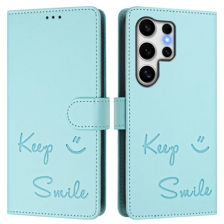 For Samsung Galaxy S25 Ultra 5G Smile Embossing RFID Leather Phone Case(Mint Green) by buy2fix