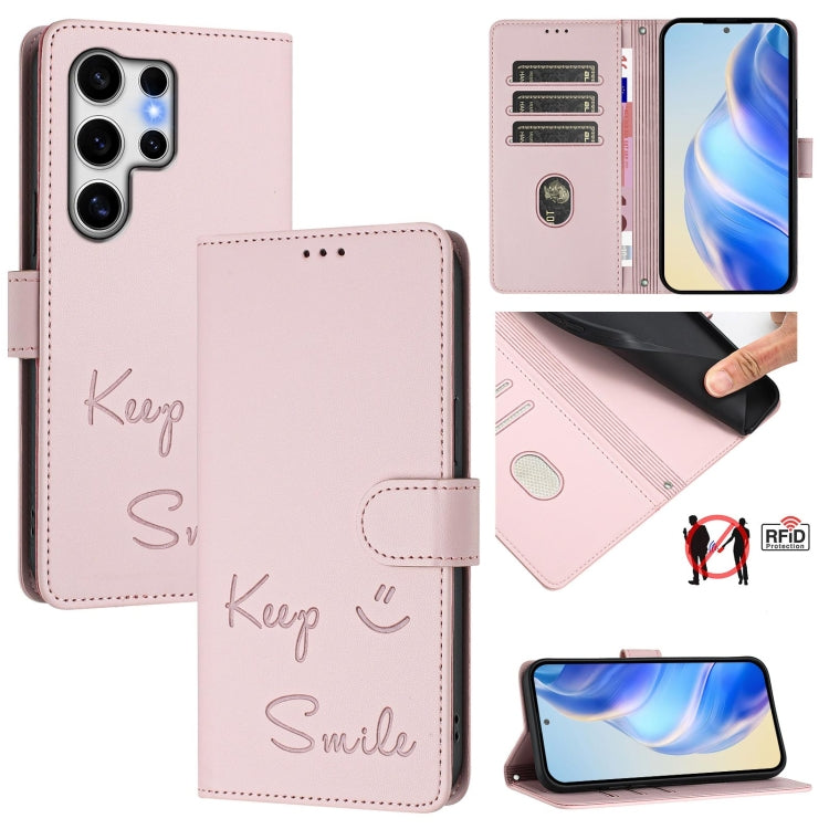 For Samsung Galaxy S25 Ultra 5G Smile Embossing RFID Leather Phone Case(Pink) by buy2fix
