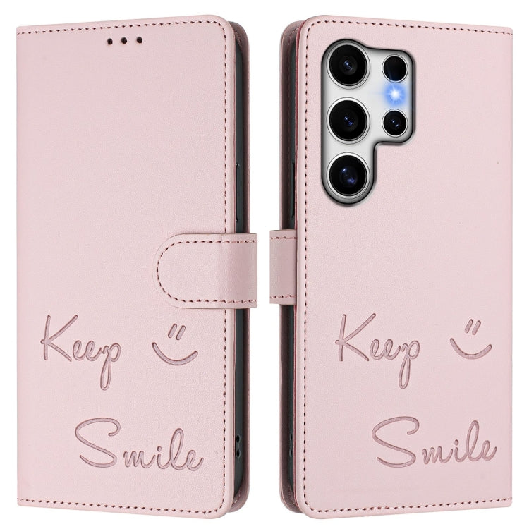 For Samsung Galaxy S25 Ultra 5G Smile Embossing RFID Leather Phone Case(Pink) by buy2fix
