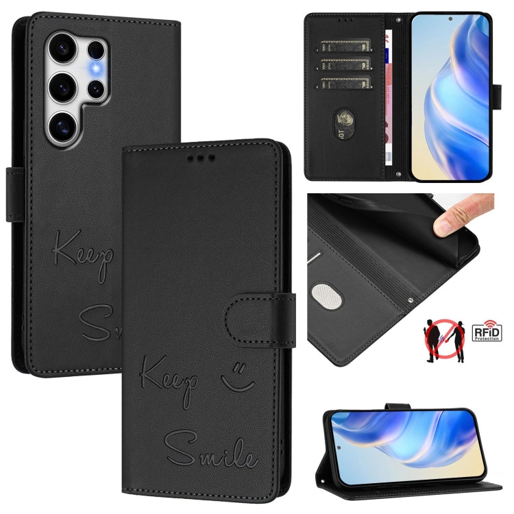For Samsung Galaxy S25 Ultra 5G Smile Embossing RFID Leather Phone Case(Black) by buy2fix