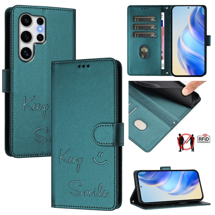For Samsung Galaxy S25 Ultra 5G Smile Embossing RFID Leather Phone Case(Peacock Green) by buy2fix