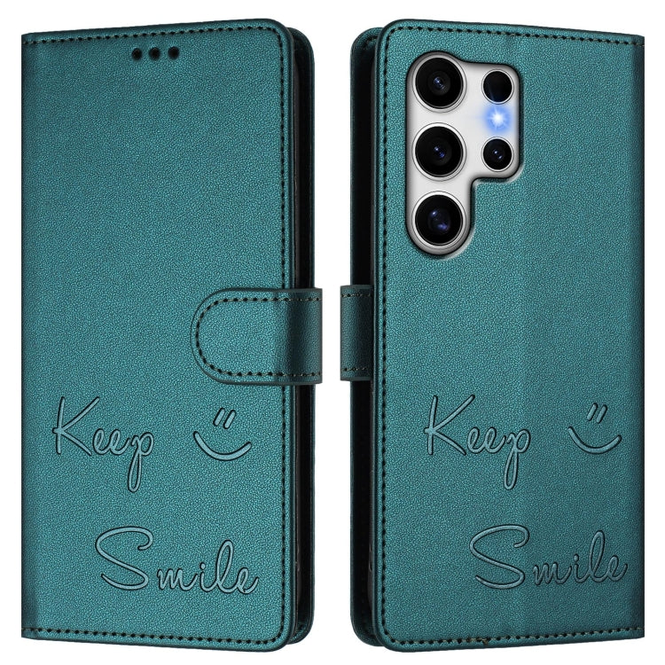For Samsung Galaxy S25 Ultra 5G Smile Embossing RFID Leather Phone Case(Peacock Green) by buy2fix