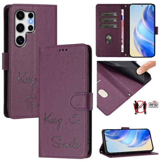 For Samsung Galaxy S25 Ultra 5G Smile Embossing RFID Leather Phone Case(Violet) by buy2fix