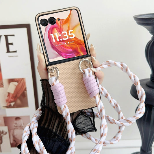 For Motorola Razr 50 Ultra Woven Texture Phone Case With Colorful Lanyard(Beige) - Motorola Cases by buy2fix | Online Shopping UK | buy2fix