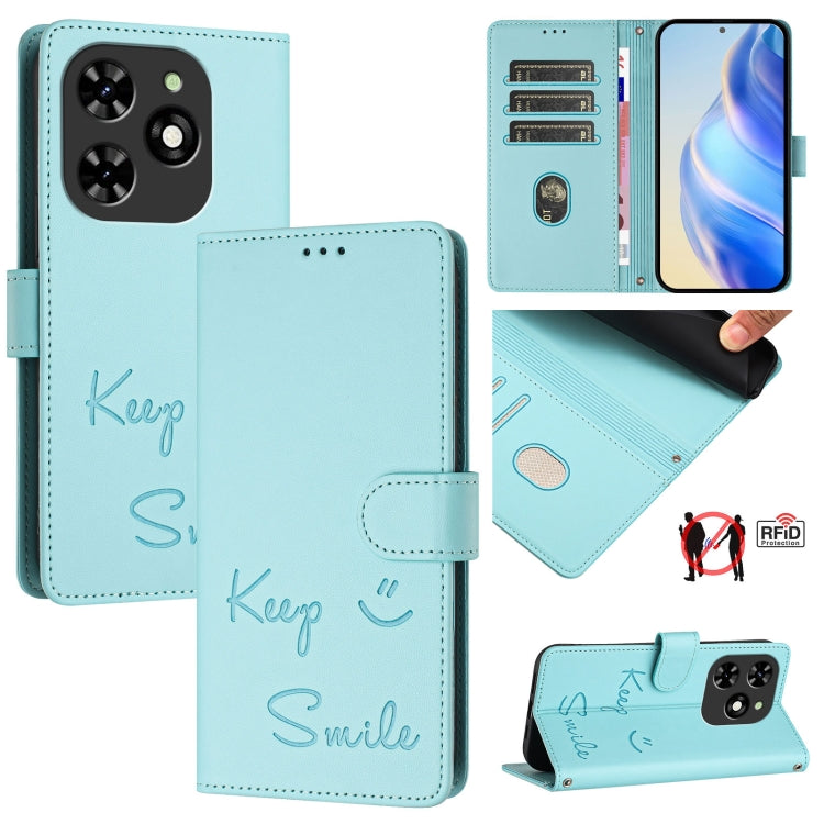 For Tecno Spark GO 2024 / Spark 20C Smile Embossing RFID Leather Phone Case(Mint Green) by buy2fix