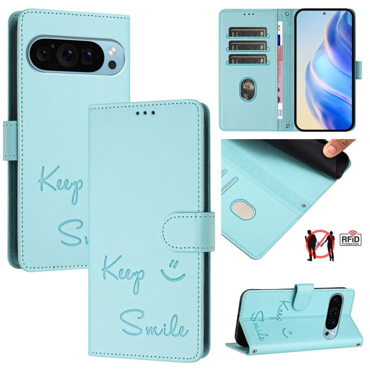 For Google Pixel 9 / Pixel 9 Pro Smile Embossing RFID Leather Phone Case(Mint Green) by buy2fix