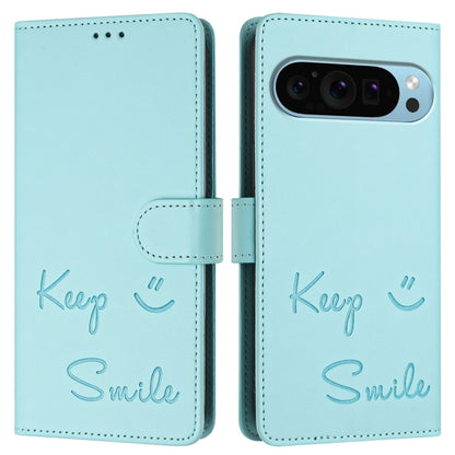 For Google Pixel 9 / Pixel 9 Pro Smile Embossing RFID Leather Phone Case(Mint Green) by buy2fix