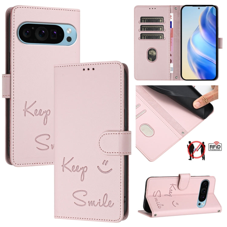 For Google Pixel 9 / Pixel 9 Pro Smile Embossing RFID Leather Phone Case(Pink) by buy2fix