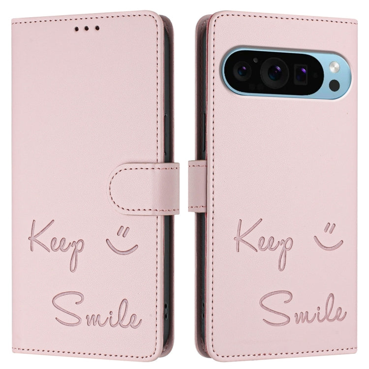 For Google Pixel 9 / Pixel 9 Pro Smile Embossing RFID Leather Phone Case(Pink) by buy2fix