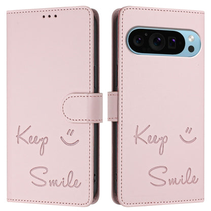 For Google Pixel 9 / Pixel 9 Pro Smile Embossing RFID Leather Phone Case(Pink) by buy2fix