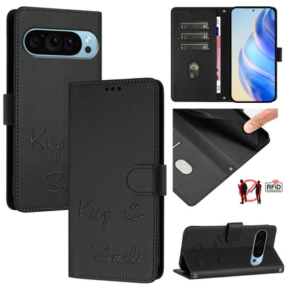 For Google Pixel 9 / Pixel 9 Pro Smile Embossing RFID Leather Phone Case(Black) by buy2fix