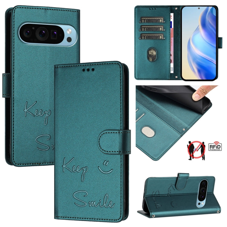 For Google Pixel 9 / Pixel 9 Pro Smile Embossing RFID Leather Phone Case(Peacock Green) by buy2fix