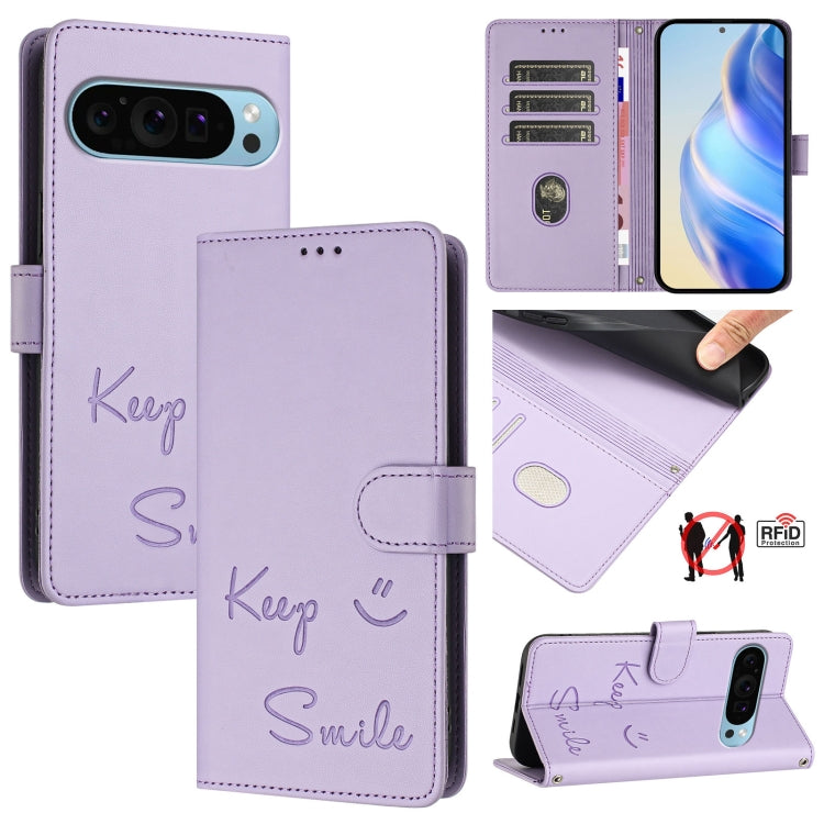 For Google Pixel 9 / Pixel 9 Pro Smile Embossing RFID Leather Phone Case(Light Purple) by buy2fix