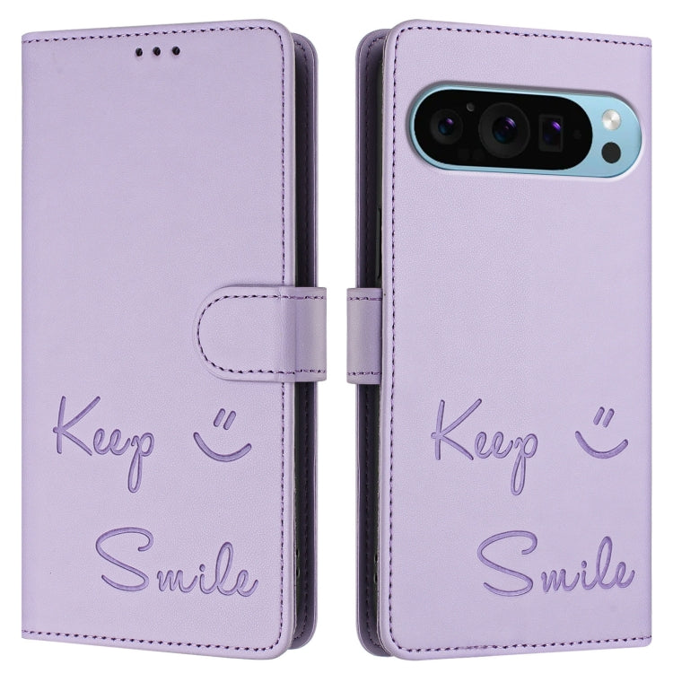 For Google Pixel 9 / Pixel 9 Pro Smile Embossing RFID Leather Phone Case(Light Purple) by buy2fix