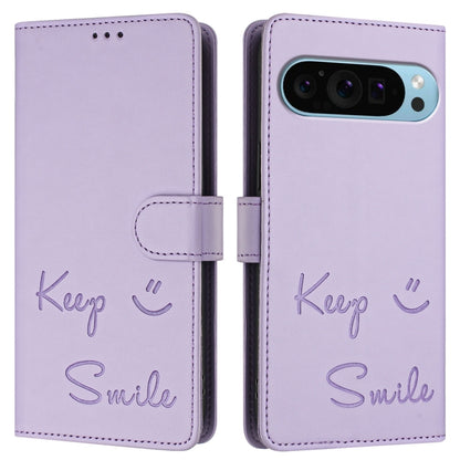 For Google Pixel 9 / Pixel 9 Pro Smile Embossing RFID Leather Phone Case(Light Purple) by buy2fix