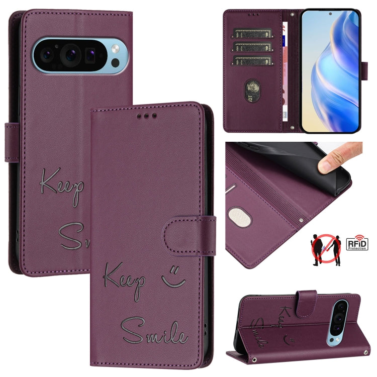 For Google Pixel 9 / Pixel 9 Pro Smile Embossing RFID Leather Phone Case(Violet) by buy2fix