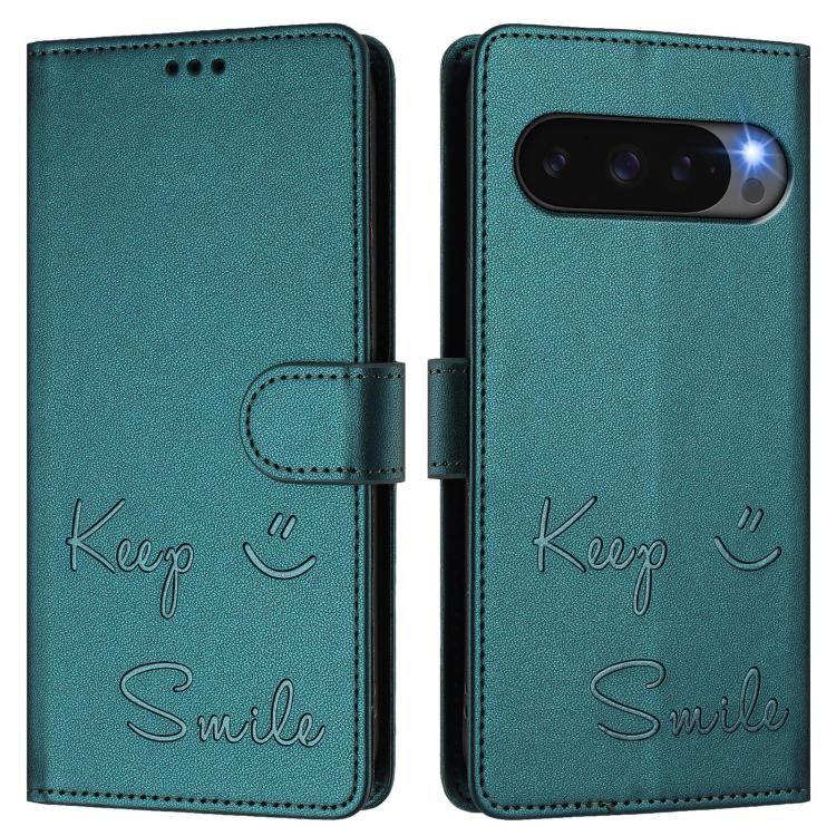 For Google Pixel 10 5G / 10 Pro 5G Global Smile Embossing RFID Leather Phone Case(Peacock Green) - Google Cases by buy2fix | Online Shopping UK | buy2fix