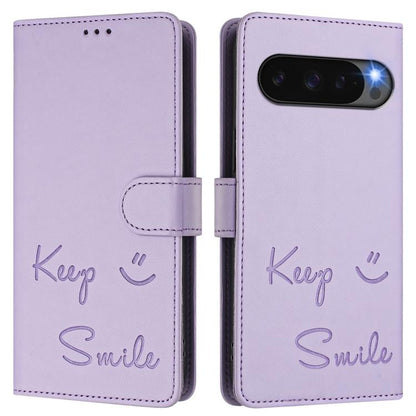 For Google Pixel 10 5G / 10 Pro 5G Global Smile Embossing RFID Leather Phone Case(Light Purple) - Google Cases by buy2fix | Online Shopping UK | buy2fix