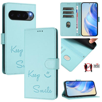 For Google Pixel 10 Pro XL 5G Global Smile Embossing RFID Leather Phone Case(Mint Green) - Google Cases by buy2fix | Online Shopping UK | buy2fix