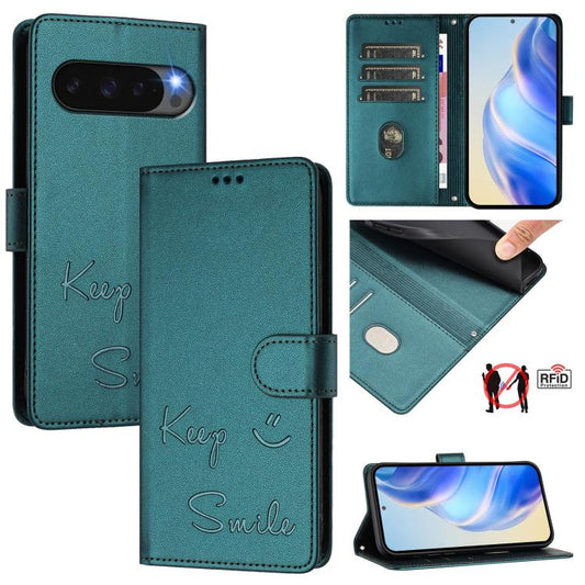 For Google Pixel 10 Pro XL 5G Global Smile Embossing RFID Leather Phone Case(Peacock Green) - Google Cases by buy2fix | Online Shopping UK | buy2fix