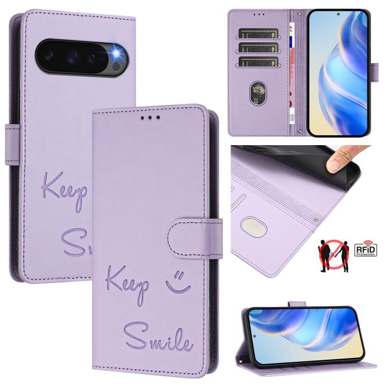 For Google Pixel 10 Pro XL 5G Global Smile Embossing RFID Leather Phone Case(Light Purple) - Google Cases by buy2fix | Online Shopping UK | buy2fix