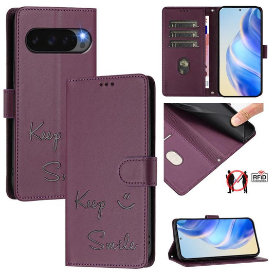 For Google Pixel 10 Pro XL 5G Global Smile Embossing RFID Leather Phone Case(Violet) - Google Cases by buy2fix | Online Shopping UK | buy2fix