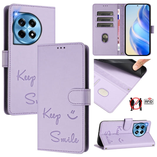 For OnePlus 12 5G Global Smile Embossing RFID Leather Phone Case(Light Purple) - OnePlus Cases by buy2fix | Online Shopping UK | buy2fix