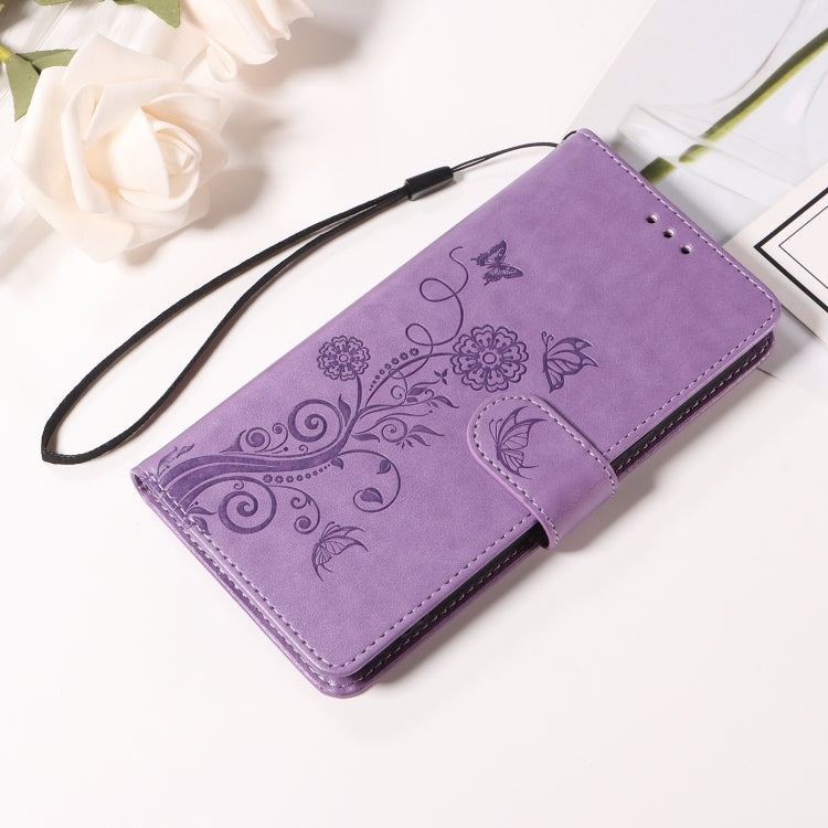 For iPhone 16 Pro Max Embossed Butterfly Flowers Leather Phone Case(Purple) by buy2fix