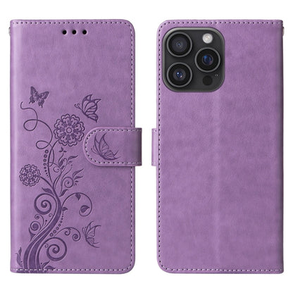 For iPhone 16 Pro Max Embossed Butterfly Flowers Leather Phone Case(Purple) by buy2fix