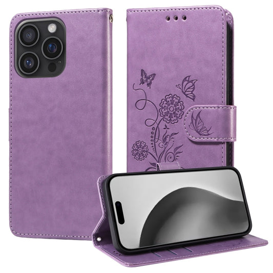 For iPhone 16 Pro Embossed Butterfly Flowers Leather Phone Case(Purple) by buy2fix