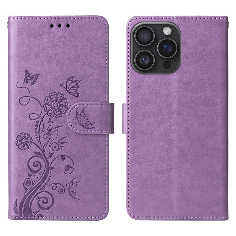For iPhone 16 Pro Embossed Butterfly Flowers Leather Phone Case(Purple) by buy2fix