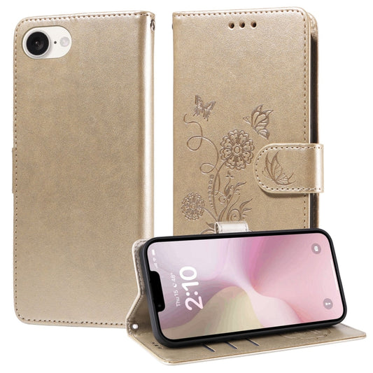 For iPhone SE 2024 Embossed Butterfly Flowers Leather Phone Case(Gold) by buy2fix
