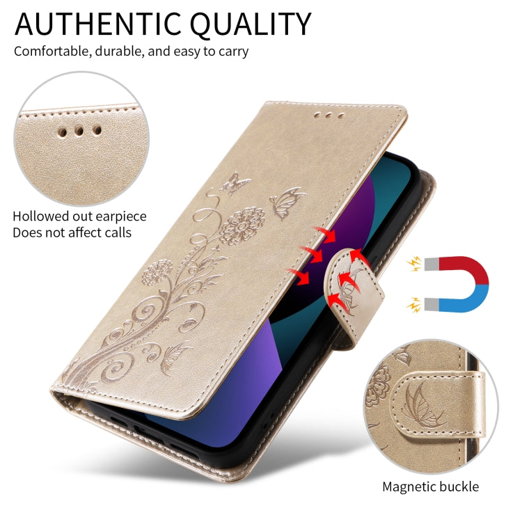 For iPhone SE 2024 Embossed Butterfly Flowers Leather Phone Case(Gold) by buy2fix