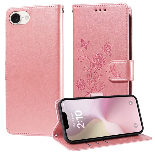 For iPhone SE 2024 Embossed Butterfly Flowers Leather Phone Case(Rose Gold) by buy2fix