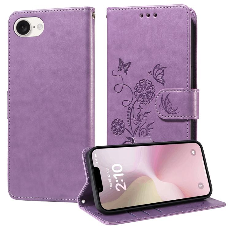For iPhone 16e Embossed Butterfly Flowers Leather Phone Case(Purple) - iPhone 16e Cases by buy2fix | Online Shopping UK | buy2fix