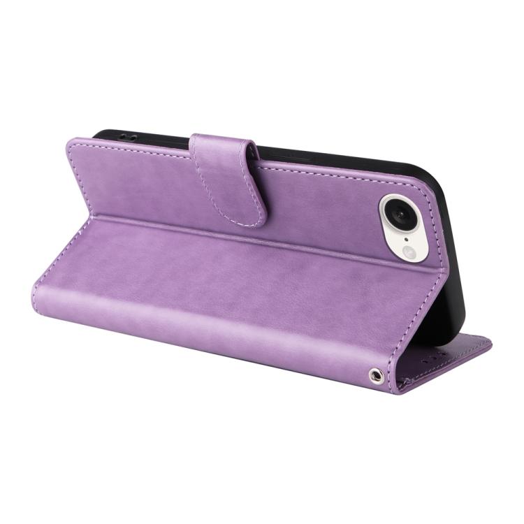 For iPhone 16e Embossed Butterfly Flowers Leather Phone Case(Purple) - iPhone 16e Cases by buy2fix | Online Shopping UK | buy2fix